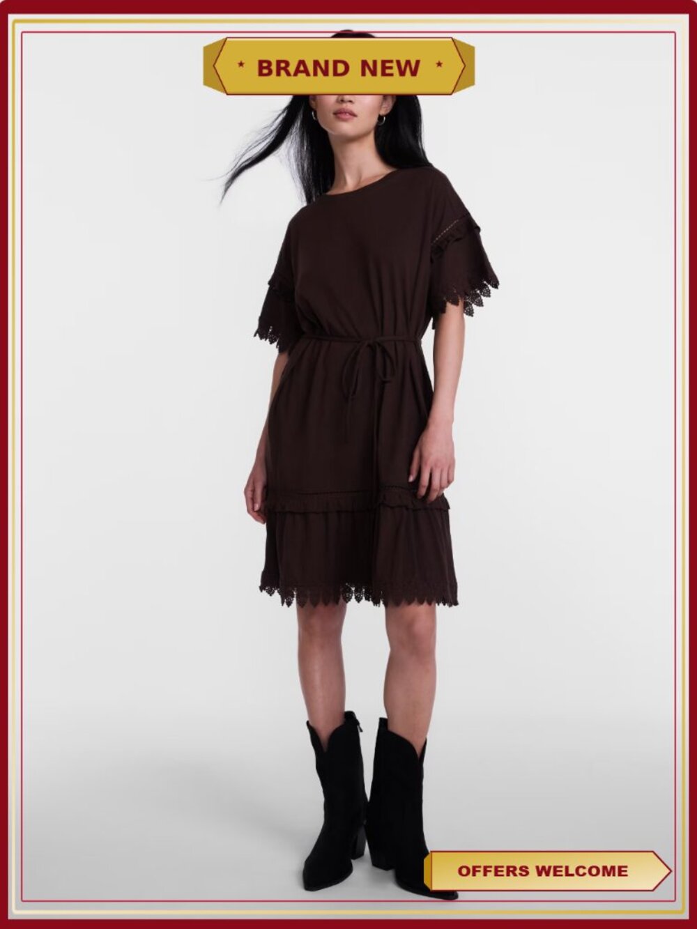 Lace Trim Knit Dress Short Sleeves Tie Waist Pullover - Picture 2 of 5